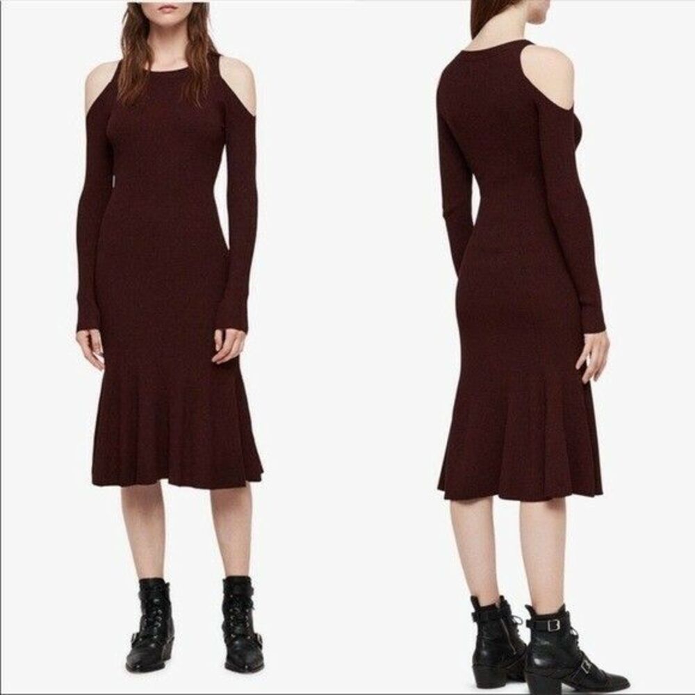 AllSaints Yasmin Bordeaux Twist Dress Size Small Cold Shoulder Long Sleeve Chic